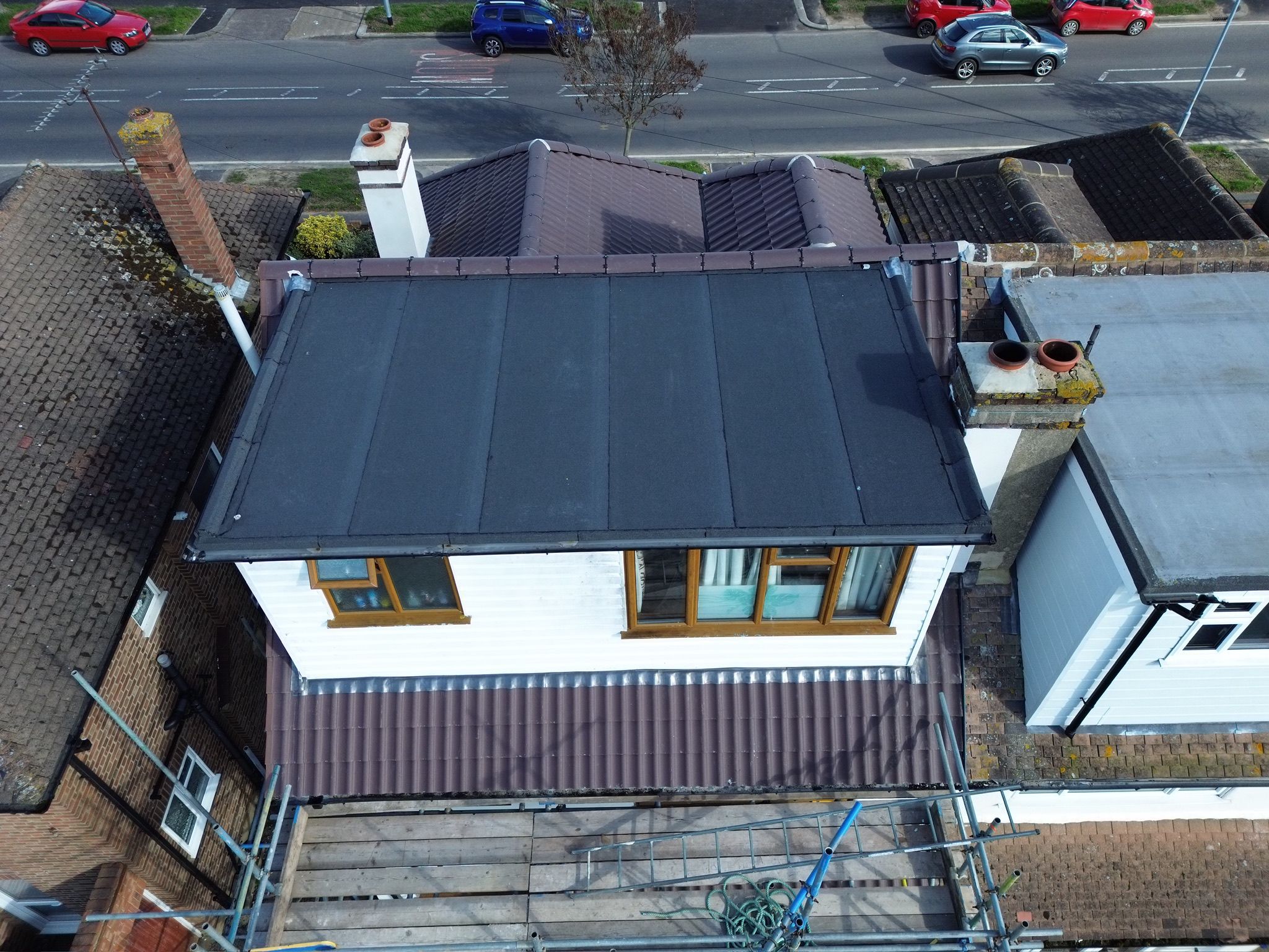GRP flat roof on a single-storey extension with rooflights